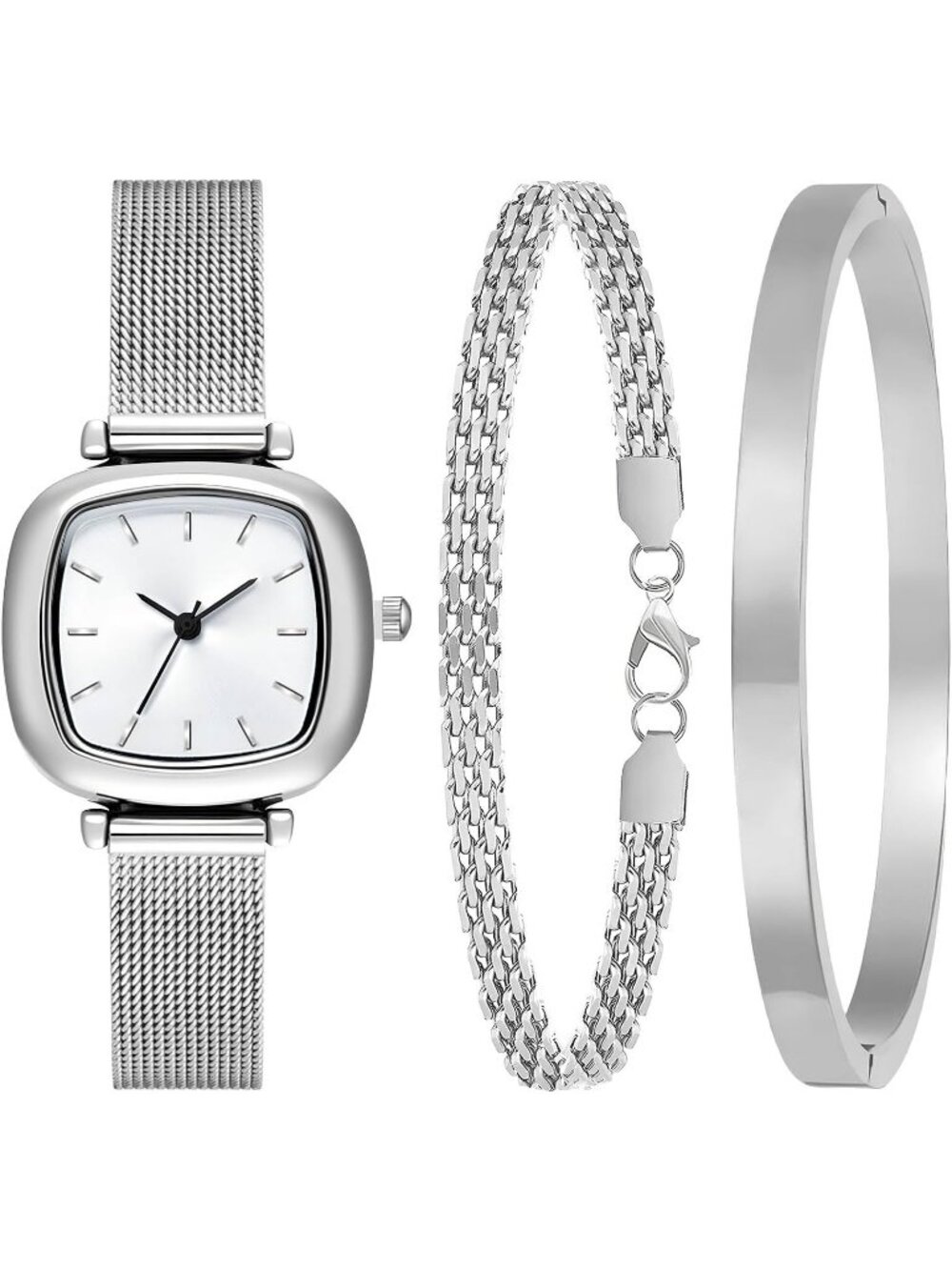 Women's Silver Mesh Band Stainless Steel Plated Square Bangle Bracelet Watch